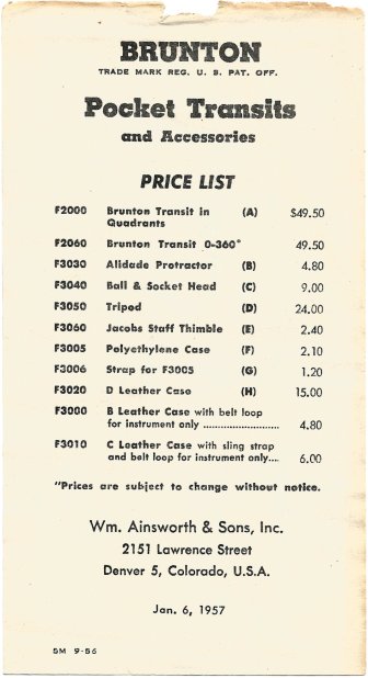 Brunton Pocket Transit 1957 - Price List